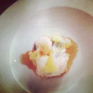 Pork belly, langoustine, smoked pineapple and black pudding